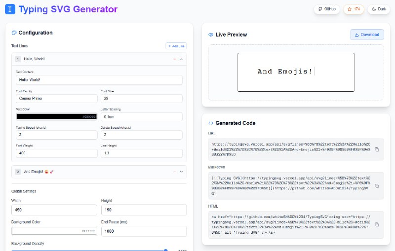 🆔  网站名称：TypingSVG ⭐  网站功能：SVG 动态输入📁  网站简介：一个强大的 SVG 动态输入生成器，支持多行文本和空格格式化，为每一行独立设置字体、颜色、字体大小、字母间距、输入速度和删除速度等