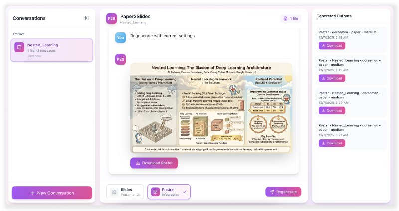 ⭐️ #GITHUB #AI #工具📑 Paper2Slides - 一键将论文转换为演示文稿▎项目介绍：一个由香港大学数据智能实验室开源的人工智能工具，能够自动将学术论文、研究报告及各种文档（PDF、Word、Excel、Markdown）快速转换为专业幻灯片 PPT 或海报，无需手动排版，只需一条命令即可生成结构清晰、视觉精良的演示材料