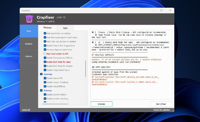 #软件 #工具 #开源🗑  CrapFixer - Windows 系统优化工具▎软件平台：#Windows▎软件介绍：一款 Windows 系统优化工具，主要功能包括清理系统广告、卸载预装软件、提升隐私保护以及关闭遥测和跟踪功能