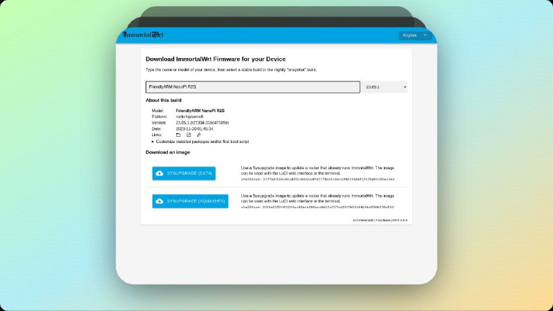 ▎ImmortalWrt#Website #固件 #聚合 #openwrt下载适用于您设备的 ImmortalWrt 固件，输入设备的名称或型号，然后选择一个稳定或快照版本，进行刷机