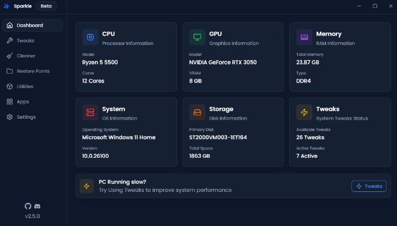 #软件 #工具 #开源⚡️ Sparkle - Windows 系统优化清理工具▎软件平台：#Windows▎软件介绍：一款 Windows 系统优化工具，集成了系统瘦身、性能提升、临时文件清理等多项功能，内置了 winget 软件安装器
