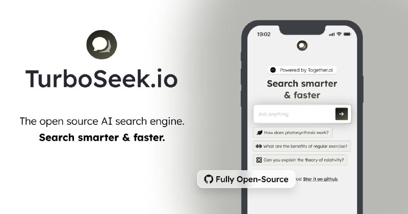 #网站 #开源 #搜索引擎 #AI💬 TurboSeek - 类 Perplexity 开源 AI 搜索引擎▎网站功能：AI 搜索引擎▎网站介绍：一个开源 AI 搜索引擎，它使用 Together AI 进行 LLM 推理，结合 Mixtral 8x7B 和 Llama-3 模型，利用 Bing 获取搜索结果