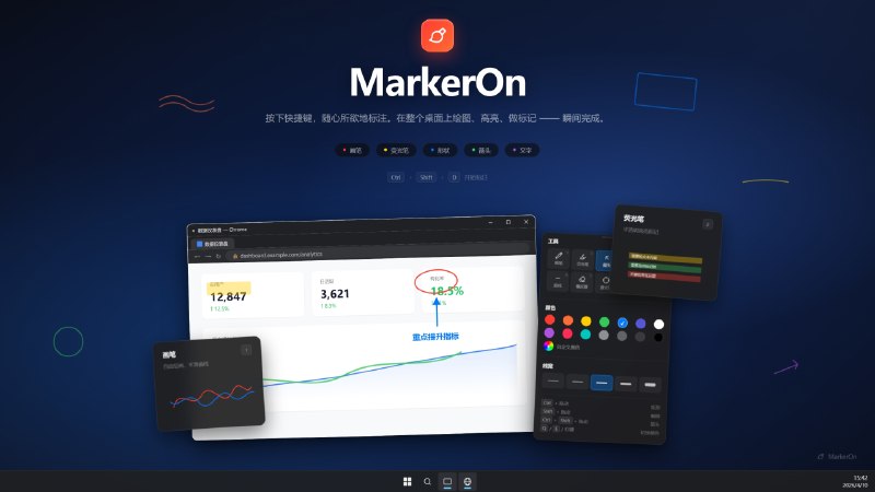⭐️ #软件 #工具🖌 MarkerOn - 轻量级屏幕标注工具➡️ 软件平台：#Windows #macOS➡️ 软件介绍：一款轻量全局屏幕标注工具，具备全面的全局屏幕标注功能，提供画笔、荧光笔、激光笔、箭头、矩形、文字等十余种绘图工具
