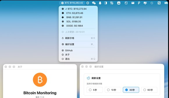 ⭐️ #软件 #开源 #工具💰 Bitcoin-Monitoring - macOS 菜单栏 BTC 价格监控器▎软件平台：#macOS▎软件介绍：一款 macOS 菜单栏应用，主要用于实时监控比特币及其他主流加密货币（如 ETH、BNB、SOL、DOGE）对 USDT 的价格