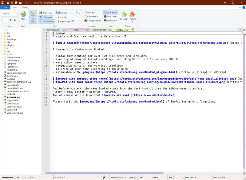 #软件 #工具 #开源⌨️ BowPad - 简单快速的开源文本编辑器▎软件功能：文本编辑器▎软件平台：#Windows▎软件介绍：一个简单而快速的文本编辑器，具有带有功能区（ribbon UI）的用户界面，其主要特点包括•支持超过100种文件类型和语言的语法高亮•处理多种编码格式，包括 UTF-8、UTF-16 和 UTF-32•直观的功能区界面•垂直滚动条中的导航提示•按路径对打开的标签进行着色•能够打开超过 2GB 的大文件•可通过 JScript 或 VBScript 编写的插件进行扩展▎软件下载：点击下载