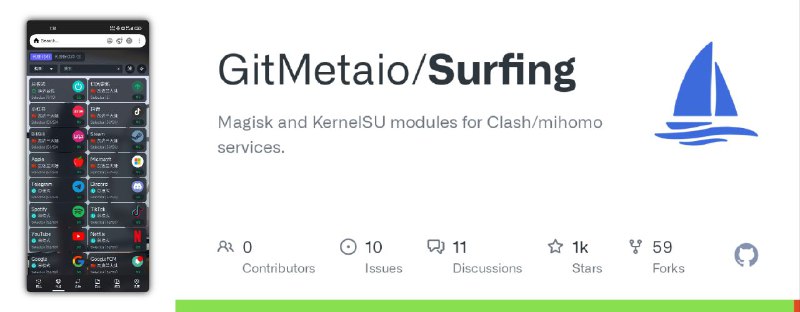 #模块 #代理 #开源⛵ Surfing - Android 代理服务一键部署模块▎模块平台：#Magisk #KernelSU #APatch▎模块介绍：一个 Android 网络代理模块，支持通过 Magisk、KernelSU 或 APatch 安装，基于上游为集成式一体服务、即刷即用