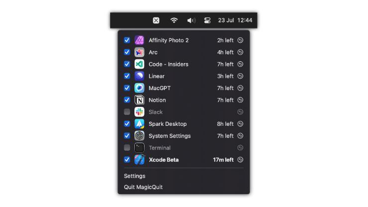 #软件 #工具 #开源🔒 MagicQuit - 自动关闭长时间未使用应用▎软件功能：自动关闭应用▎软件平台：#macOS▎软件介绍：一款专为 macOS 设计的高效工具，旨在自动关闭长时间未使用的应用，节省内存，延长续航，提高设备性能，完全离线