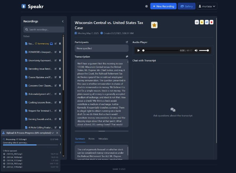 #GitHub #AI #工具🎙️ Speakr - AI 音频录音转录和摘要工具▎项目介绍：一个自托管网页应用，支持将音频文件（如会议录音、访谈等）自动转录成文本，并通过 AI 生成摘要、标题