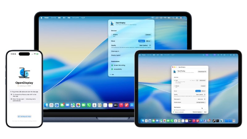 ⭐️ #软件 #工具💻 OpenDisplay - 把 iPhone、iPad 变成 Mac 的第二块屏幕🗂 软件平台：#iOS #Android #macOS #Linux🗂 软件介绍：一个免费、开源的跨设备扩展屏幕项目，可以将 iPhone、iPad 或另一台 Mac 变成 Mac 的第二块显示器，实现真正的扩展桌面