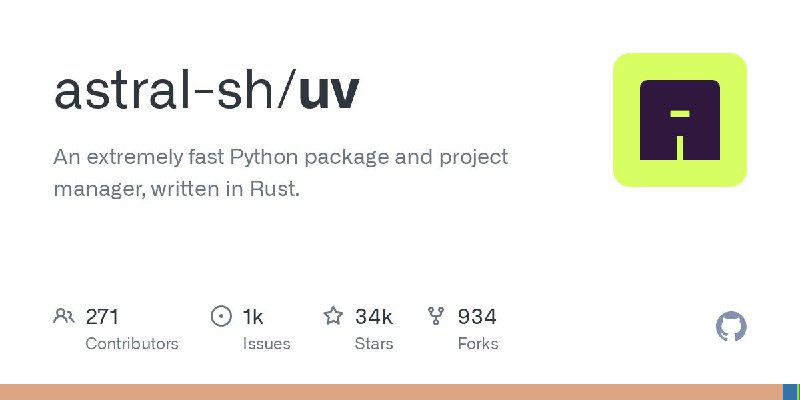 #软件 #工具 #开源🖥 uv - 极速 Python 软件包和项目管理器▎软件平台：#Windows #macOS #Linux▎软件介绍：一个用 Rust 编写的极其快速的 Python 包和项目管理工具，旨在替代 pip、pip-tools、pipx、poetry、pyenv、twine、virtualenv 等工具，提供统一的解决方案