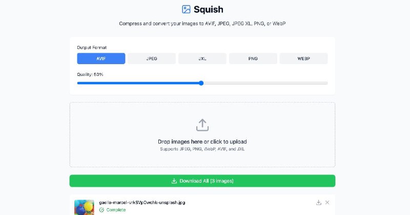 #网站 #图像 #开源🖼️ Squish - 基于浏览器的现代图像压缩工具▎网站介绍：一个图像压缩工具，利用 WebAssembly 技术实现高性能图像优化，支持批量处理、格式转换、质量调整、实时预览等