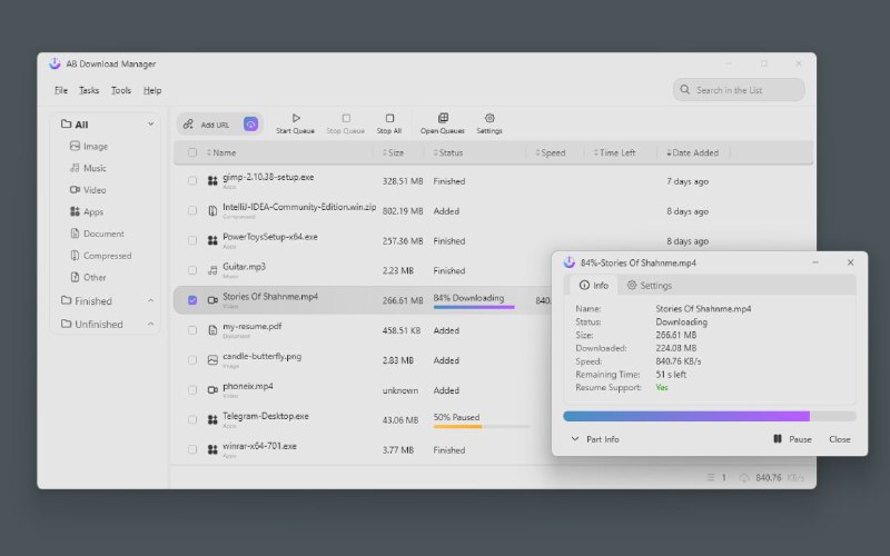 #软件 #插件 #工具 #解析 #开源⬇️ AB Download Manager - 开源下载管理器▎软件功能：下载管理器▎软件平台：#Windows #Linux▎插件平台：#Chrome #Firefox▎软件介绍：一个开源的桌面下载管理器，它具有简洁现代的用户界面，可以轻松地从任何地方下载文件，包括视频和音频