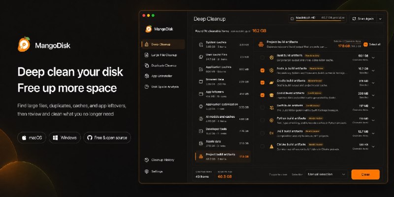 ⭐️ #软件 #工具🥭 MangoDisk - 磁盘清理和磁盘空间分析工具🗂 软件平台：#Windows #macOS🗂 软件介绍：一款磁盘清理工具，集成深度缓存清理、大文件检索、重复文件查找、应用残留卸载、开机启动项管理和磁盘占用可视化分析，专项适配开发者各类项目构建和容器缓存