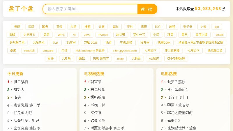 #网站 #网盘🌥️ 盘了个盘 - 聚合云盘资源高效搜索神器▎网站介绍：一个多网盘资源聚合搜索平台，支持同时搜索阿里云盘、百度网盘、夸克网盘、蓝奏云、天翼云盘等主流云盘公开资源
