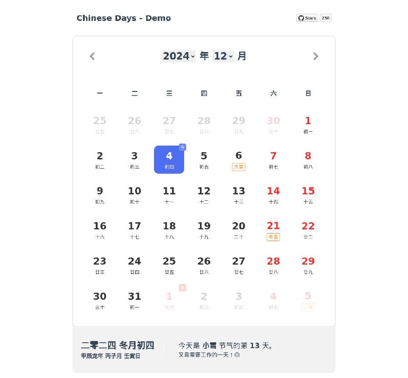#GitHub #工具📆 chinese-days - 中国节假日▎项目功能：日历订阅▎项目介绍：一个开源项目，它提供了一系列用于查询中国节假日、调休日、工作日、24 节气、以及农历阳历互转的函数