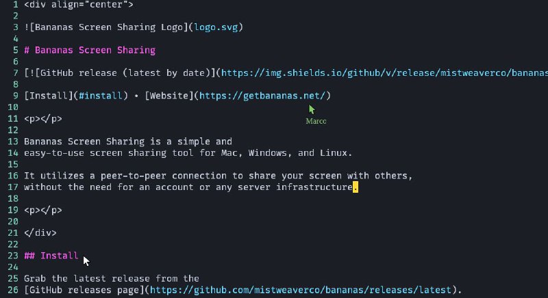 #软件 #工具 #开源🍌 Bananas - 开源跨平台屏幕共享工具▎软件功能：屏幕共享▎软件平台：#Windows #macOS #Linux▎软件介绍：一款跨平台屏幕共享工具，基于 WebRTC 技术，实现点对点的安全连接