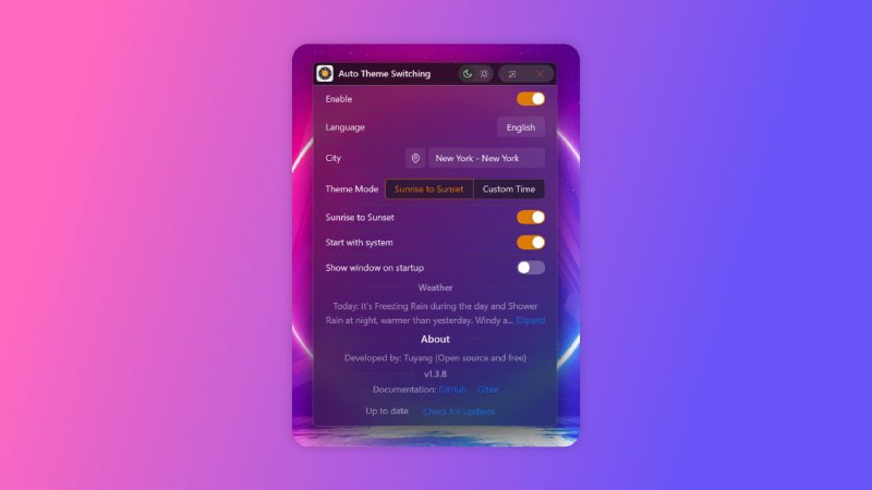 #软件 #工具 #开源☀️ Windows AutoTheme - Windows 主题自动切换工具▎软件平台：#Windows▎软件介绍：一个轻量级 Windows 主题自动切换工具，支持系统在日间使用浅色模式，夜间切换为深色模式
