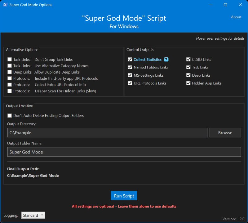 #脚本 #工具 #开源🎮 Windows Super God Mode - 一键开启 Windows 超级“上帝模式”▎脚本功能：创建 Windows 系统快捷方式▎脚本平台：#Windows▎脚本介绍：一个为 Windows 系统设计的 PowerShell 脚本工具，旨在创建指向系统设置、特殊文件夹、任务链接和隐藏应用链接的快捷方式，类似于“上帝模式”，但功能更丰富