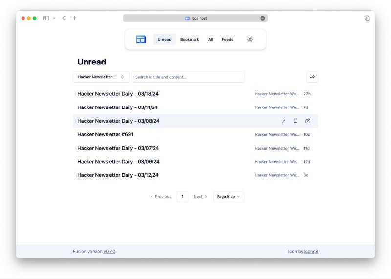 #软件 #阅读器 #RSS🌐 Fusion - 轻量级、自托管 RSS 聚合器和阅读器▎软件功能：RSS 聚合器和阅读器▎软件平台：#Windows #macOS #Linux▎软件介绍：一个 RSS 聚合器和阅读器，专为自托管环境设计，支持多种 RSS、Atom 和 JSON 格式的 feed，提供组、书签、搜索功能，并自动侦测 feed
