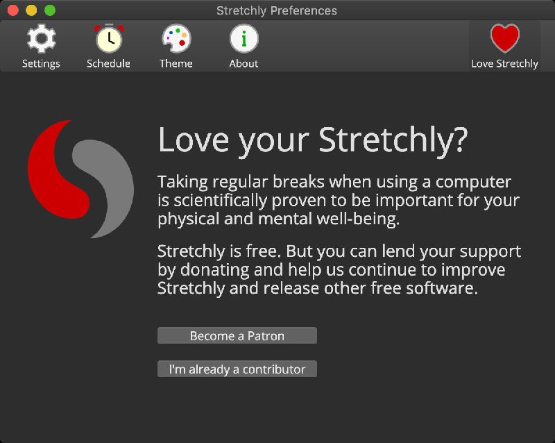 #软件 #工具 #开源⏲ Stretchly - 跨平台电脑使用休息提醒工具▎软件平台：#Windows #macOS #Linux▎软件介绍：一款电脑休息时间提醒应用，它能按预设时间提醒用户进行休息，默认每 10 分钟有 20 秒 “迷你休息” ，每 30 分钟有 5 分钟 “长时间休息” ，且在休息前会提前通知