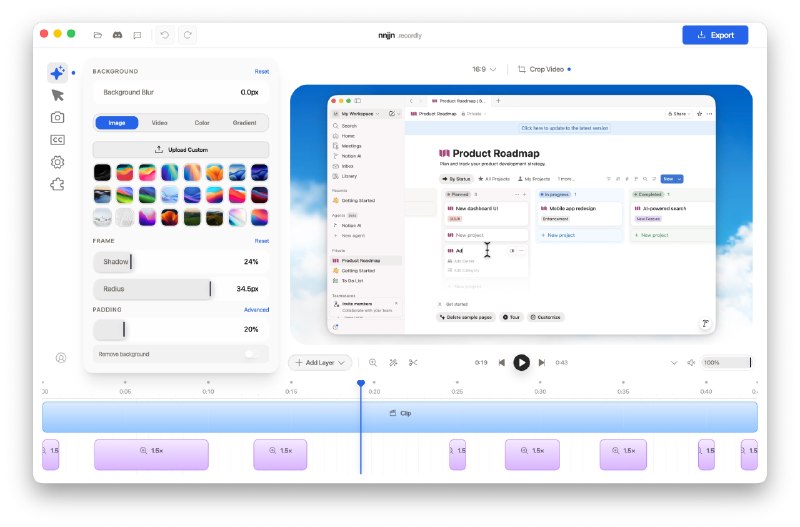 ⭐️ #软件 #工具📼 Recordly - 开源屏幕录制和编辑工具▎软件平台：#Windows #macOS #Linux▎软件介绍：一款一体化录屏剪辑工具，可录制窗口或全屏画面，同时采集系统音频与人声，内置剪辑功能，能够裁剪片段、调节倍速、添加文字，可导出 MP4 与 GIF