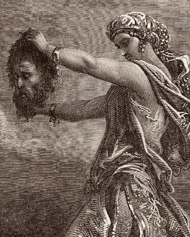 《朱迪斯展示何洛弗尼斯的头颅》取材自圣经故事，讲述了朱迪斯这位犹太女英雄如何智斗亚述将军何洛弗尼斯，最终将其斩首，从而拯救了自己的人民