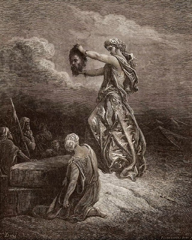 《朱迪斯展示何洛弗尼斯的头颅》取材自圣经故事，讲述了朱迪斯这位犹太女英雄如何智斗亚述将军何洛弗尼斯，最终将其斩首，从而拯救了自己的人民