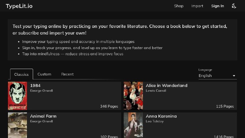 ⭐️ #网站 #工具⌨️ TypeLit.io - 结合打字练习与经典文学阅读的在线平台▎网站介绍：一个在线打字练习平台，通过让用户逐字逐句抄写整本经典书籍或文学作品来提升打字速度与准确性，同时结合阅读体验