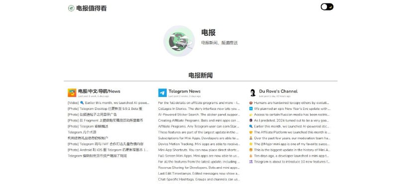 #网站 #Telegram🧩 电报值得看 - 优质 Telegram 频道聚合站▎网站介绍：一个电报频道聚合网站吗，通过 RSS 抓取最新数据，然后分类展示