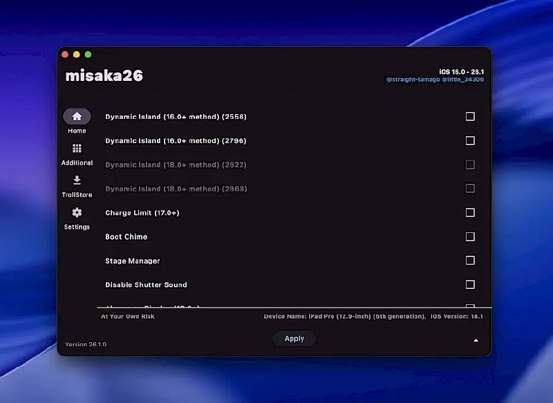 ⭐️ #软件 #工具😄 misaka26 - iOS/iPadOS 16.0 - 26.1 系统定制增强工具▎软件平台：#Windows #macOS▎软件介绍：一个面向 iOS/iPadOS 16～26.1 的系统增强工具，它通过利用底层漏洞为设备开启许多原本受限或隐藏的功能