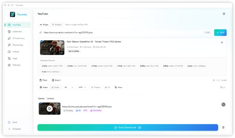 ⭐️ #软件 #解析📺 Youwee - 现代化 YouTube 视频下载器▎软件平台：#Windows #macOS #Linux▎软件介绍：一个基于 yt-dlp 的跨平台开源桌面视频下载器，它提供了图形化用户界面，支持从 YouTube、TikTok、Instagram、Facebook 等 1800+ 网站下载视频和音频
