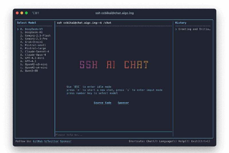 #GITHUB #AI #工具👩‍💻 SSH AI Chat - 通过 SSH 与 AI 聊天▎项目介绍：一个基于 SSH 协议的命令行 AI 聊天工具，用户只需通过终端执行命令即可直接与多个大模型（如 DeepSeek‑V3/R1、Gemini‑2.5‑Flash/Pro、Qwen3）进行交互