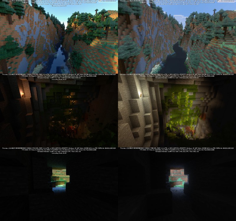 原版光追（左）和Minecraft LIVE March 2025 新推出的官方光影Vibrant Visuals（右）对比，原图在评论区，你们觉得哪个比较好？论画面拟真度个人倾向于原版光追，但Vibrant Visuals性能消耗低而且更适合日常游玩