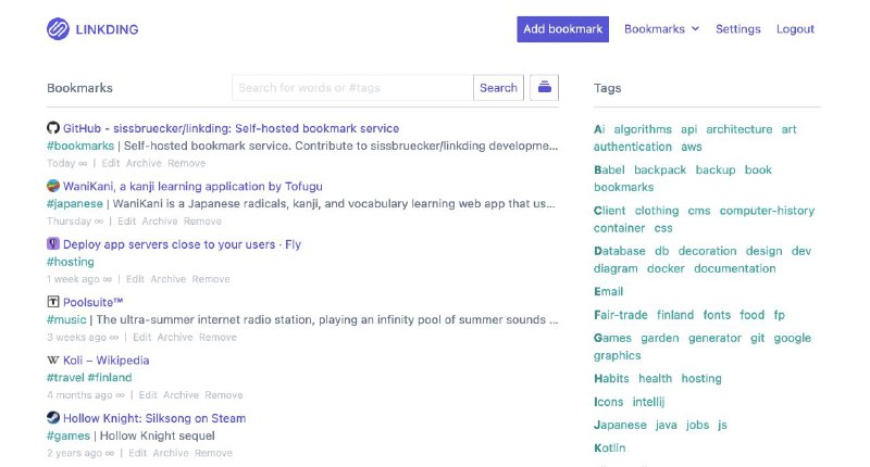 #GitHub #工具🖇️ linkding - 一个简单实用可自托管的书签管理器▎项目功能：书签管理▎项目介绍：一个书签管理工具，支持 Docker 和 Kubernetes 部署，可满足个人和团队需求