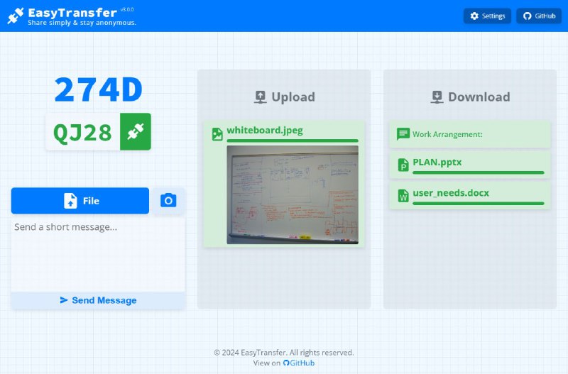 #网站 #传输 #开源📄 EasyTransfer - 免费开源的文件传输工具▎网站功能：文件传输▎网站介绍：一款免费、匿名、加密且易于使用的 E2EE 文件传输工具，只需访问一个简单的网页，即可使用设备代码连接到任何网络中的任何设备