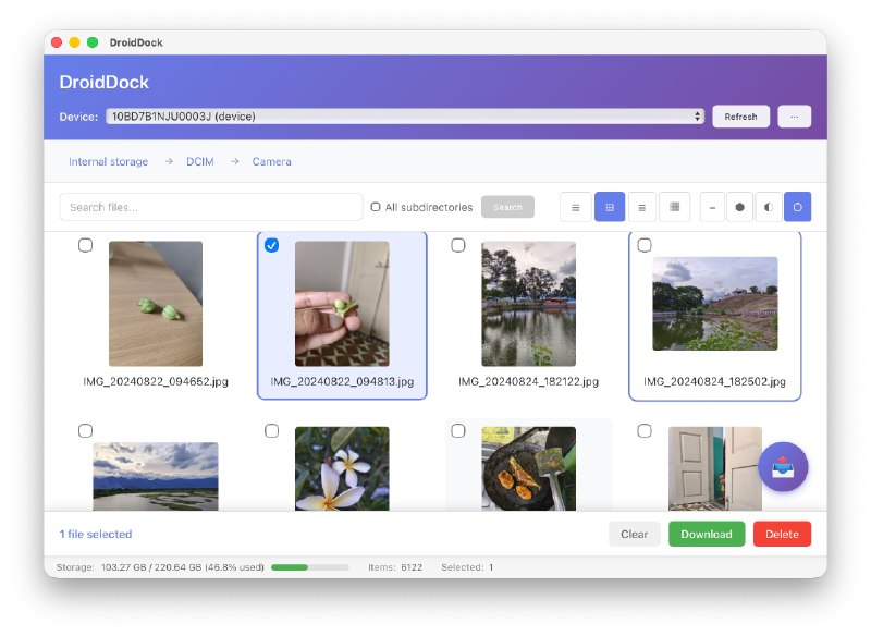 ⭐️ #软件 #工具 #开源💻 DroidDock - 在 macOS 上通过 ADB 浏览和管理 Android 设备的文件系统▎软件平台：#macOS▎软件介绍：一款 macOS 工具，它可以通过 ADB 管理浏览 Android 设备文件系统，核心功能包括设备自动识别、文件浏览、多视图切换、文件搜索、上传下载、删除、多选操作，以及图片与视频的缩略图预览等