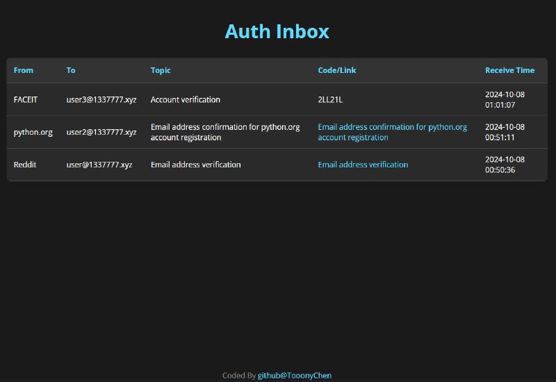 #GitHub #工具📬 Auth Inbox - 开源多邮箱验证码接码平台 ▎项目功能：邮箱验证码接码平台▎项目介绍：一个自建的开源多邮箱验证码的接码平台，基于 Cloudflare 的免费服务