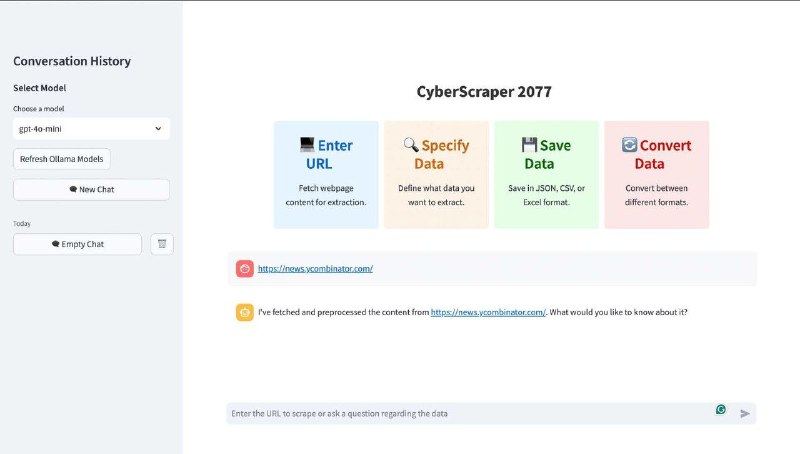 #GitHub #AI #爬虫 #工具🔎 CyberScraper 2077 - 网页数据抓取工具▎项目功能：网页数据抓取▎项目介绍：一个基于 Python 的网页数据抓取工具，能够从单个或多个网页中提取数据