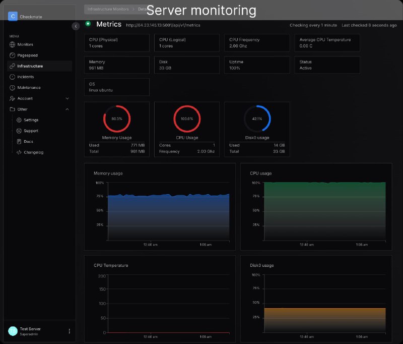 #GitHub #工具💨 Checkmate - 服务器硬件跟踪管理工具▎项目介绍：一个开源自托管工具，旨在实时跟踪和监控服务器硬件、正常运行时间、响应时间和事件，并提供美观的可视化界面