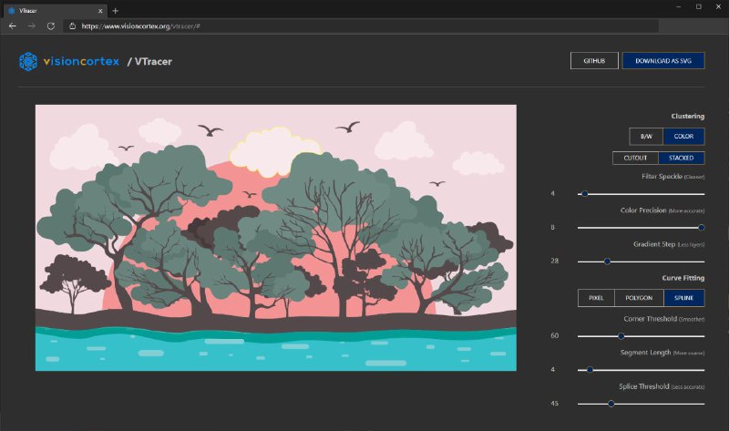 #软件 #图像 #开源🌠 VTracer - 开源光栅图像转矢量图形工具▎软件平台：#Web #Windows #macOS #Linux▎软件介绍：一个开源工具，旨在将位图图像（如 JPG 和 PNG）转换为矢量图形（SVG）