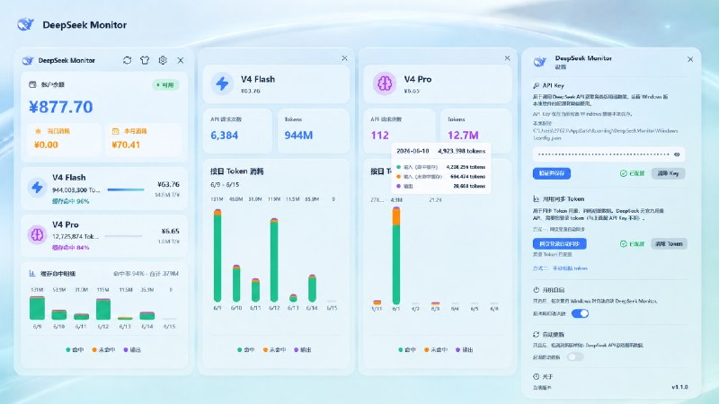 ⭐️ #软件 #工具🐋 DeepSeek Monitor Windows - DeepSeek API 用量桌面监控应用▎软件平台：#Windows▎软件介绍：一个桌面监控工具，填入 API 密钥后可实时查询 DeepSeek 账户余额，统计 V4 Flash、V4 Pro 等模型的调用次数、Token 消耗、缓存数据，并展示近 7 日用量趋势图表