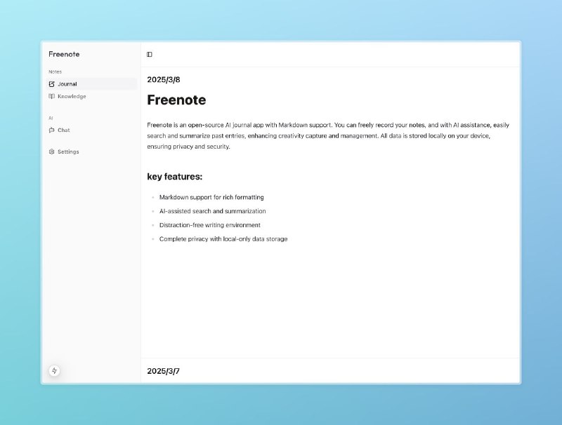 #GitHub #AI #笔记📘 Freenote - 支持 Markdown 的日记应用▎项目介绍：一个支持 Markdown 的开源 AI 日记应用，所有数据都存储在您的设备本地，确保隐私和安全