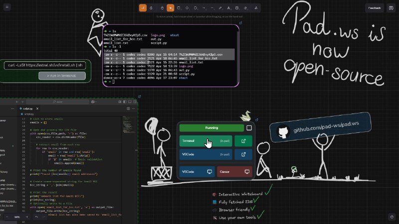 #GitHub #工具🎨 pad.ws - 集成开发环境 IDE 的白板工具▎项目介绍：一款将白板与 IDE 相结合的在线工具，基于 Excalidraw，支持实时绘图、草图和思维导图，提升协作与编码效率