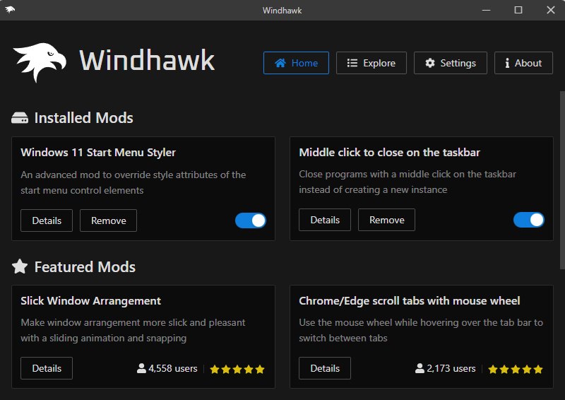 ⭐️ #软件 #工具 #开源💻 Windhawk - Windows 系统自定义工具▎软件平台：#Windows▎软件介绍：一款专为 Windows 系统设计的开源自定义工具，旨在通过模块化的方式，允许用户对系统界面和功能进行个性化定制