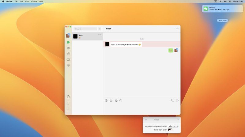 #插件 #工具 #辅助 #开源🌐 WeChatTweak - 开源 macOS 微信客户端增强插件小助手▎插件功能：微信增强▎插件平台：#macOS▎插件介绍：一个 macOS 微信客户端增强插件，它通过注入代码扩展了微信的原生功能，如撤回拦截与多开等