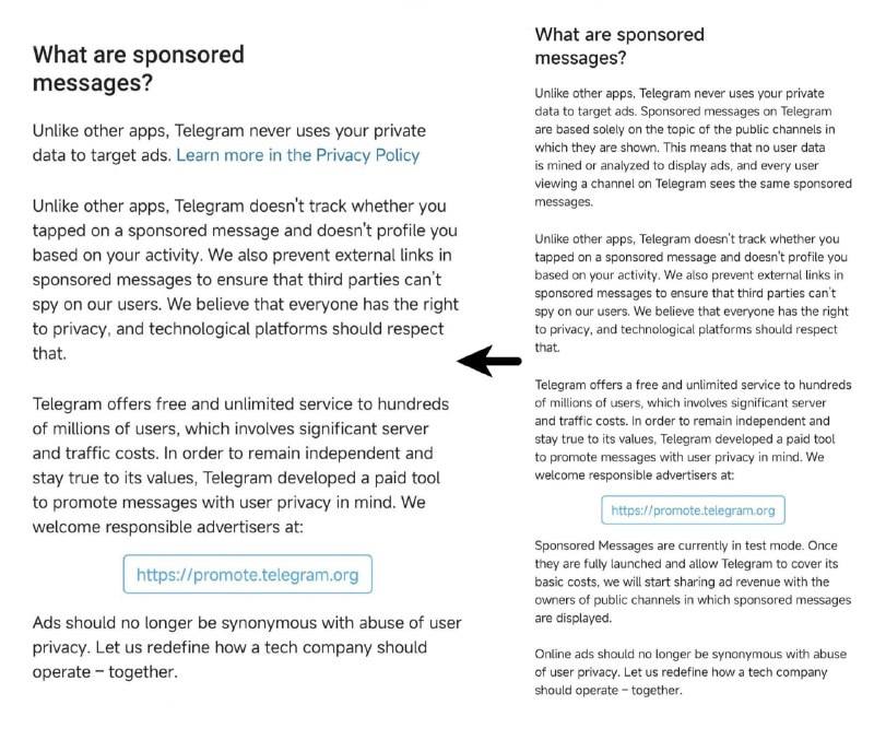 有消息说，TG 更新安卓 9.7 之后删除了赞助消息介绍中的两段关键描述