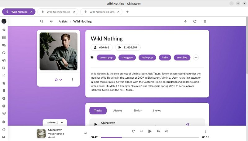 #软件 #音乐 #开源🎵 Muffon - 跨平台桌面音乐流媒体客户端▎软件功能：音乐流媒体客户端▎软件平台：#Windows #macOS #Linux▎软件介绍：一款开源桌面音乐流媒体客户端，支持从 Last.FM、Spotify、YouTube Music、SoundCloud、Deezer、VK、Bandcamp 等多个平台获取音乐和元数据