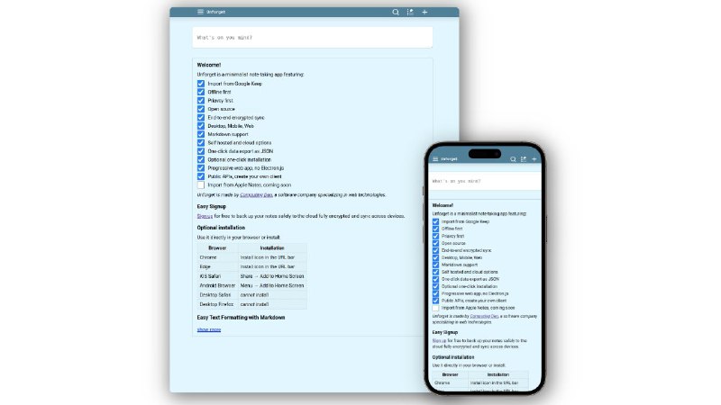 #GitHub #笔记✏️ Unforget - 极简端到端加密笔记应用程序▎项目功能：笔记应用▎项目介绍：一款开源笔记应用，支持端到端加密和离线使用，确保数据安全