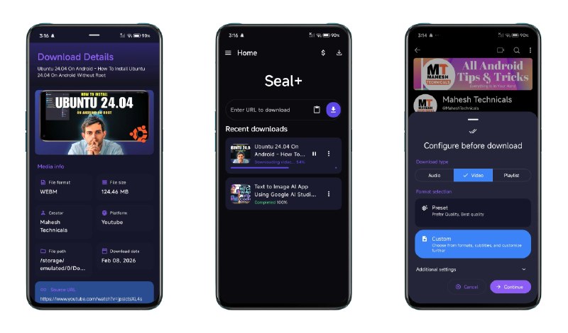 ⭐️ #软件 #工具🦭 Seal Plus - 支持 1000＋ 平台的视频和音频下载工具▎软件平台：#Android▎软件介绍：一款多功能媒体下载工具，搭载 yt-dlp 与 aria2 多线程下载引擎，支持上千个视频音频平台，可自由下载视频、提取无损音频