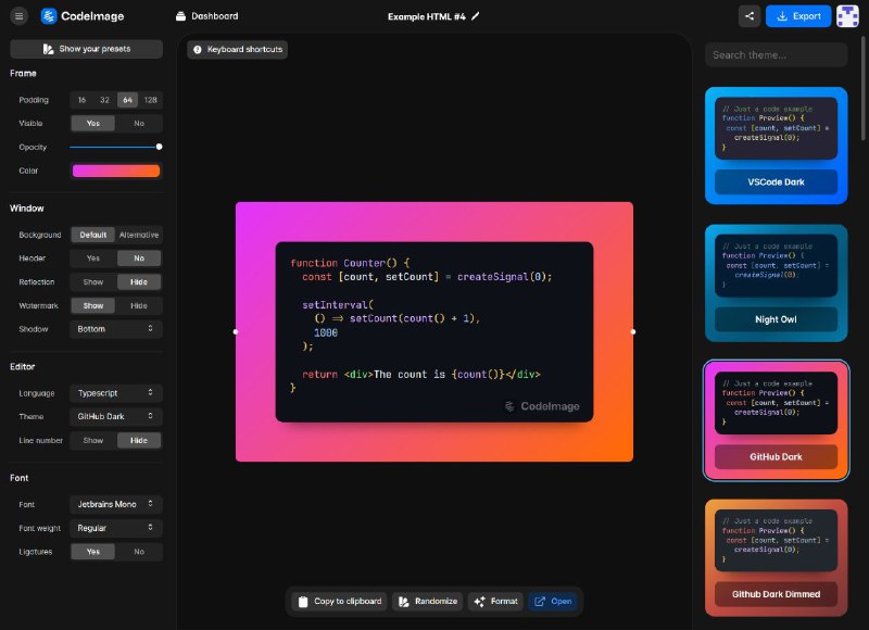 #网站 #设计 #开源🎨 CodeImage - 开源代码截图美化工具▎网站介绍：一款利用 SolidJS 和 Fastify 构建的工具，旨在帮助开发者生成美观的代码截图，以便在社交媒体上分享